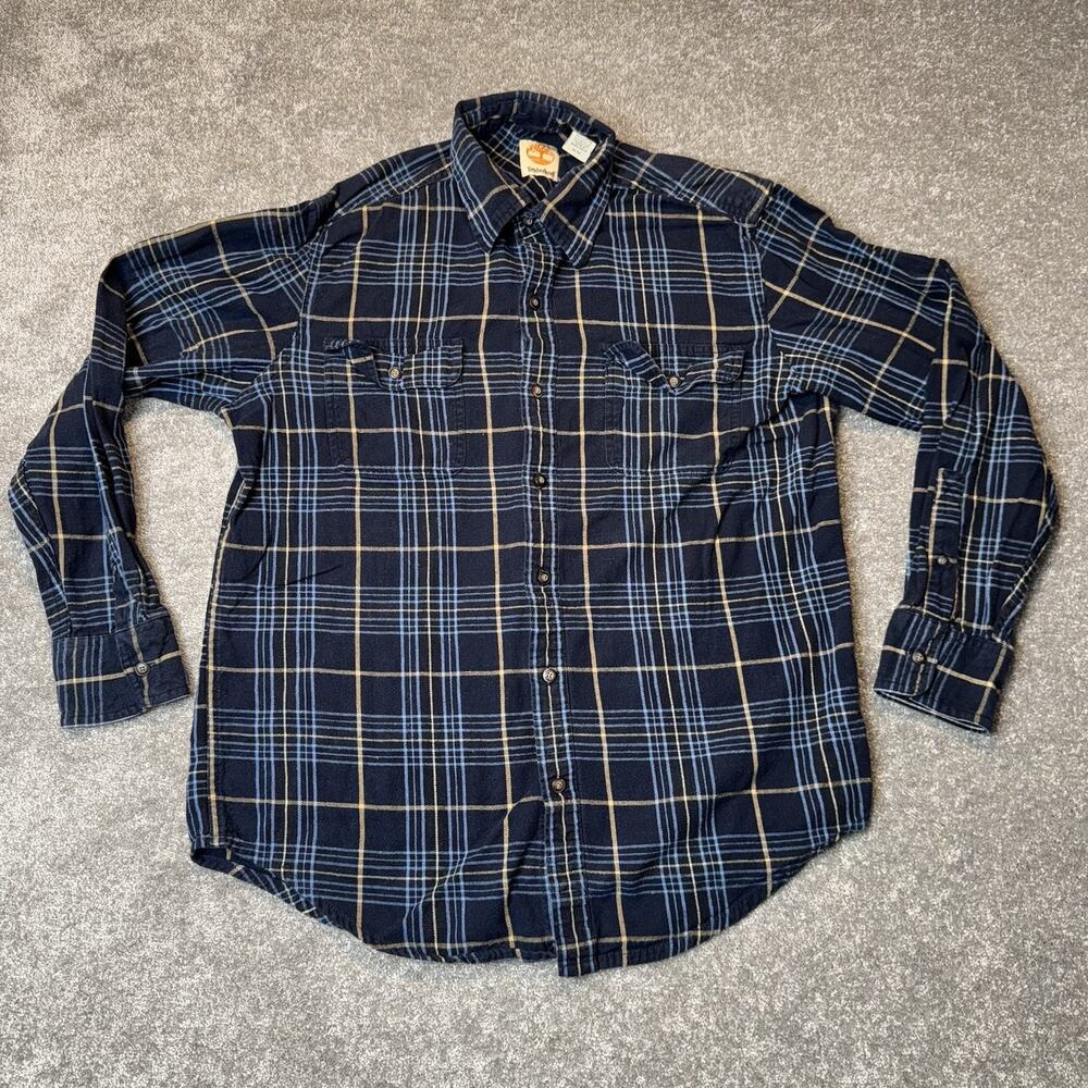 Timberland Flannel Shirt‎ Men Medium Blue Plaid Button Up Hiking Camp Outdoors